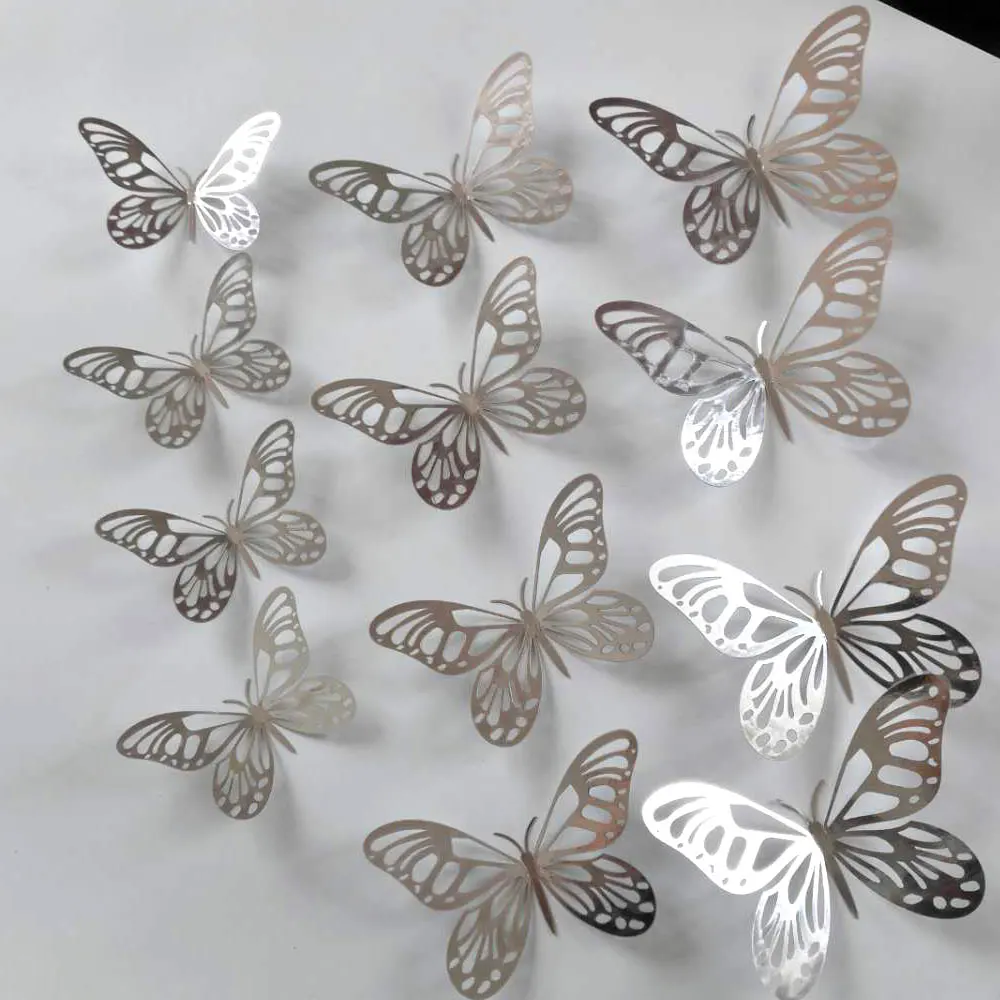 

12PCS 3D hollow butterfly wall stickers home decoration accessories mirror silver high quality living room decorative mirror