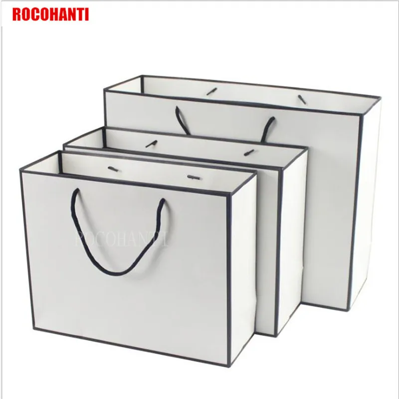 50X Customized LOGO Printing Black Frame White Shopping Paper bag with String for Garment Gift Retail Packaging Bags