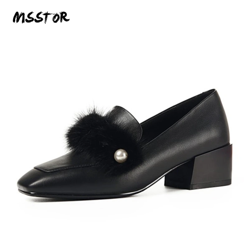 

MSStor Square Toe Slip-On Fur Black Pumps Square Heels Autumn Spring Casual Elegant Womens Shoes Heels Rivet Ladies Shoes 5CM