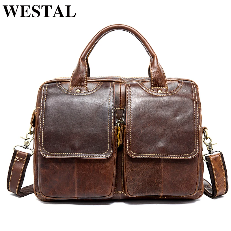 WESTAL Men Briefcases Genuine Leather Shoulder Bags Zipper Leather