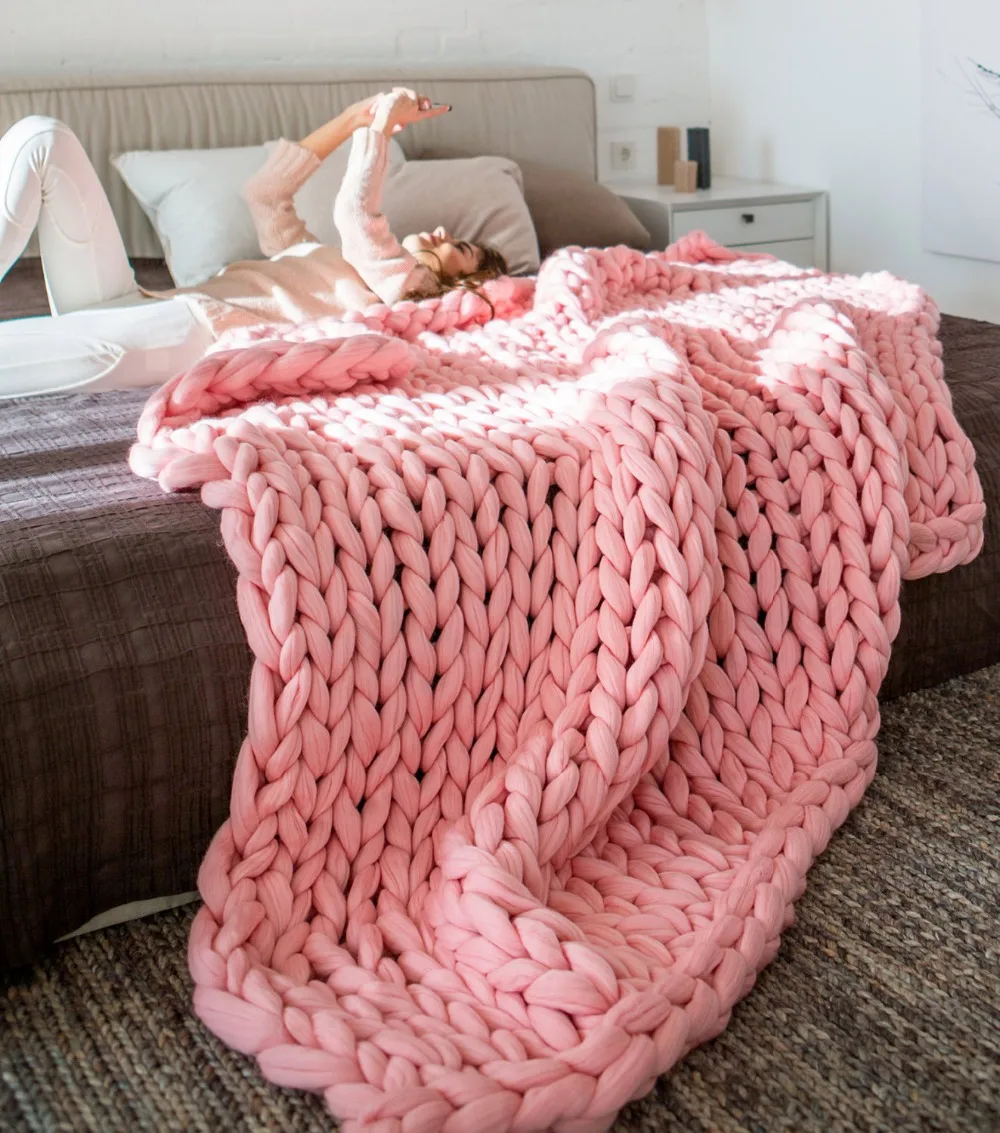 

CAMMITEVER 6cm Thick Large Soft Hand Chunky Knitted Blanket Plaids Winter Bed Sofa Plane Thick Yarn Knitting Throw Sofa Cover