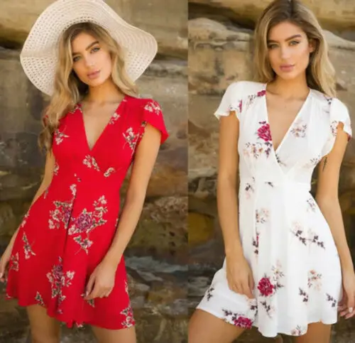 

Womens Summer Boho Short Dress Lady Vestido V-neck Chiffon Chic Holiday Sweet Sexy Red Bandage Party Beach Floral Sundress