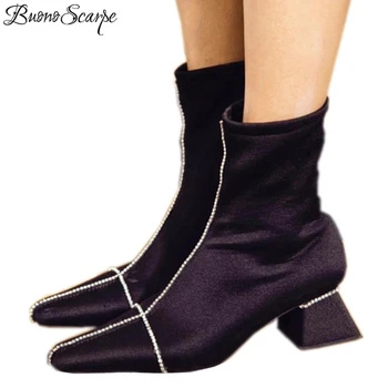 

Bling Crystal Short Sock Boots Women Silk Elastic Strange High Heel Socks Shoes Square Toe Sexy Women Rhinestone Royal Boots