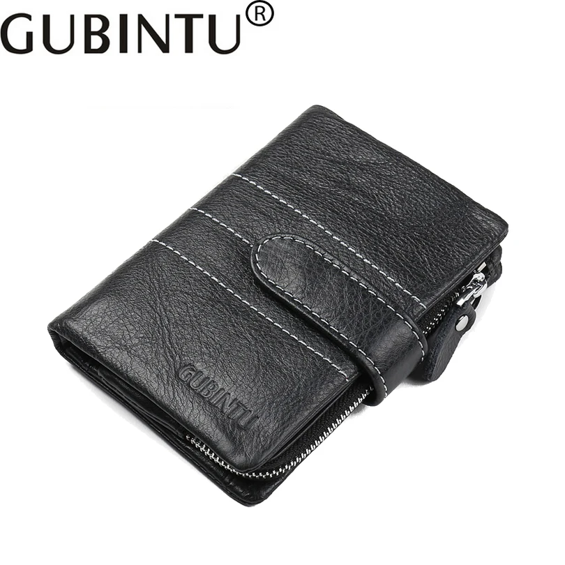 

GUBINTU 2017 Genuine Leather short men's wallet 3 Fold credit Card holder First layer Cowhide Buckle zipper purse for menB3012-8