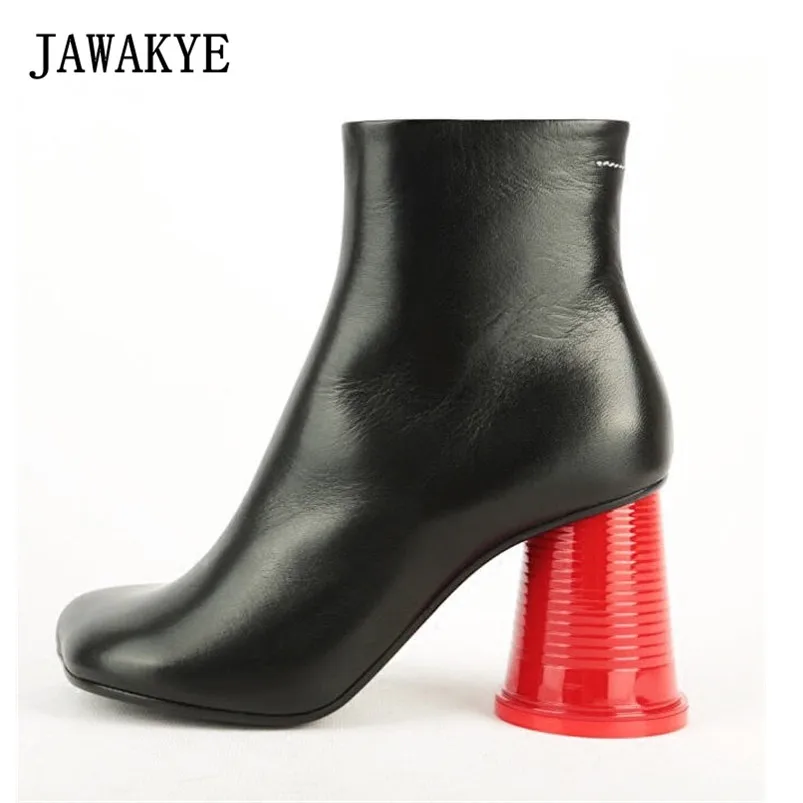 

JAWAKYE Red Cup Hoof Heel genuine Leather Ankle Boots Women Toe shape High Heels Shoes Woman Botines Mujer