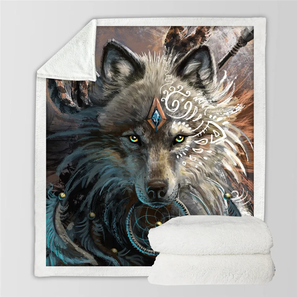 Wolf-Warrior-by-SunimaArt-Beds-Blanket-Sherpa-Fleece-Plush-Bedclothes-Indian-Wolf-With-Dreamcatcher-Throw-Blanket