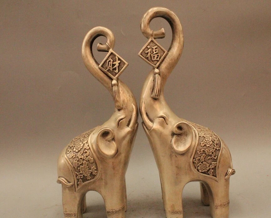 

14"Marked Chinese Fengshui Silver Wealth Fu Lucky Elephant Statue Pair