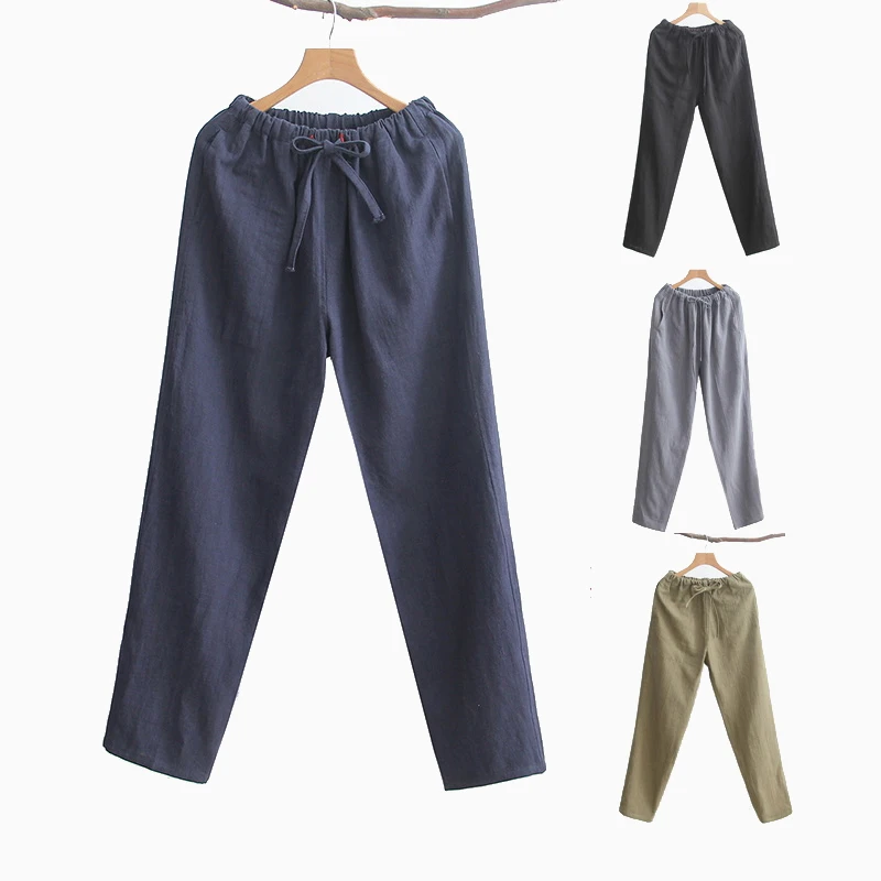 

Cotton Linen Long Pants Male Chinese Kung Fu Trousers Men's Full Length Casual Straight Black Tai Chi Clothing Elastic Waist