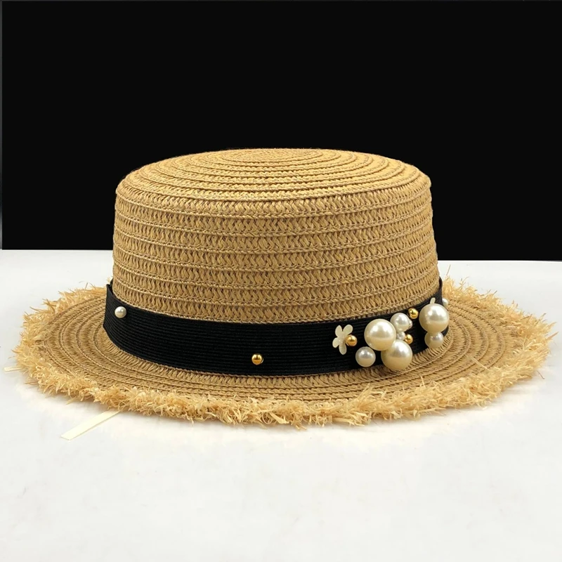 Lovely Flat Top Straw Hat Summer Spring Women'S Trip Caps Leisure Pearl Beach Sun Hats Breathable Fashion Flower Girl Hat