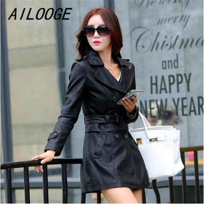 Женская кожаная куртка AILOOGE Длинная больших размеров L XL XXL XXXL 4XL весна 2018|Кожаные