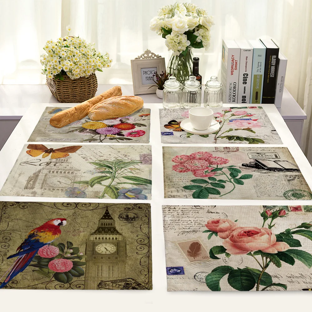 

Nordic Decor Vintage Flower and Bird Pattern Table Mat Rectangle Linen Placemat for Kitchen Table Home Table Coater Place Mats