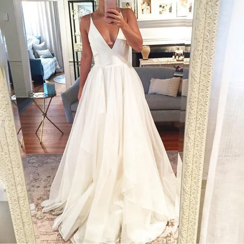 

Sexy Deep V-Neck Straps Dress Formal Sling Women Dress White for Wedding Swing Sundress