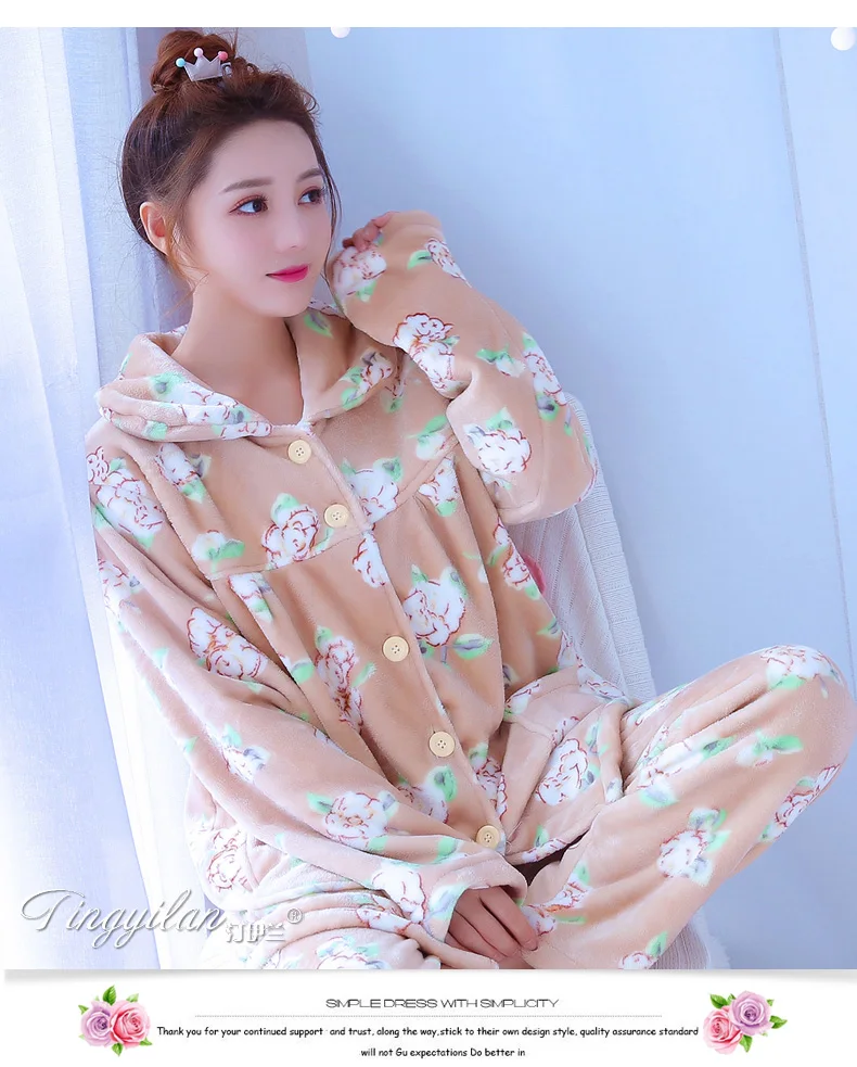 Женские Фланелевые пижамы женские коралловые флисовые пижамы для девочек теплые пижамы бархатные с длинным рукавом Повседневная Ночная