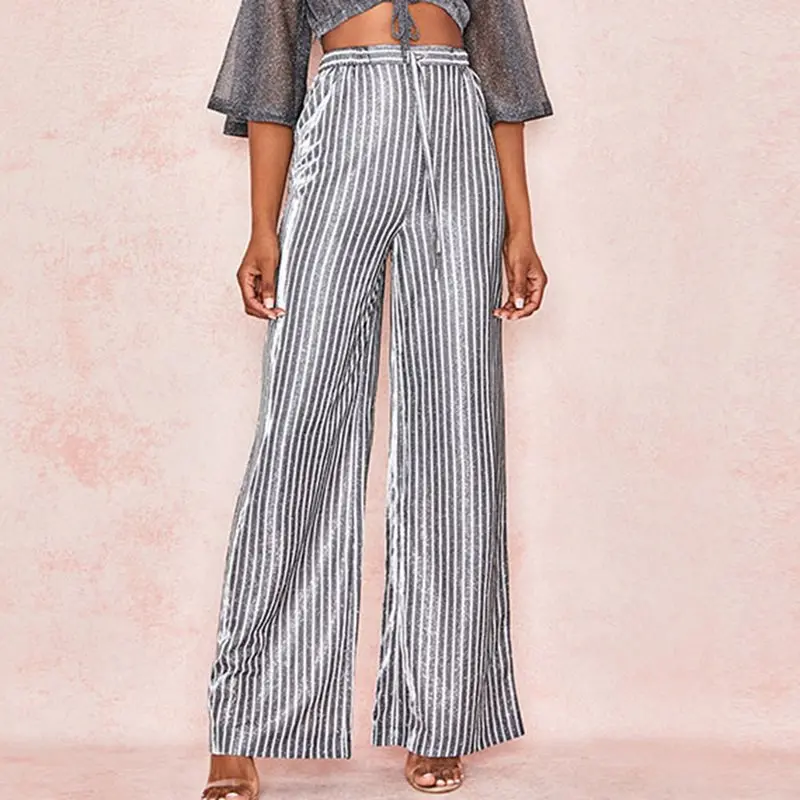 

Summer Casual Plus Size Black African Autumn Women Pants Loose Thin Wide Legs High Waist Stripe Lace Up Female Fashion Pants