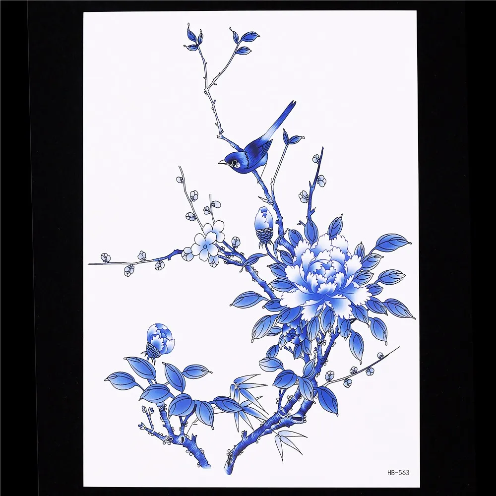 Flower Bird Decal 1 Sheet Waterproof Temporary Tattoo Sticker HB563 Blue Colored Tree Branch Body Arm Art for Women Tattoo Paint