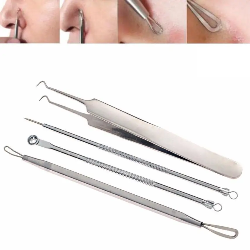 

OutTop Newly 4Pcs/Set Silver Stainless Blackhead Facial Acne Spot Pimple Remover Extractor Tool Comedone Acne-Prone Skin 15p1023