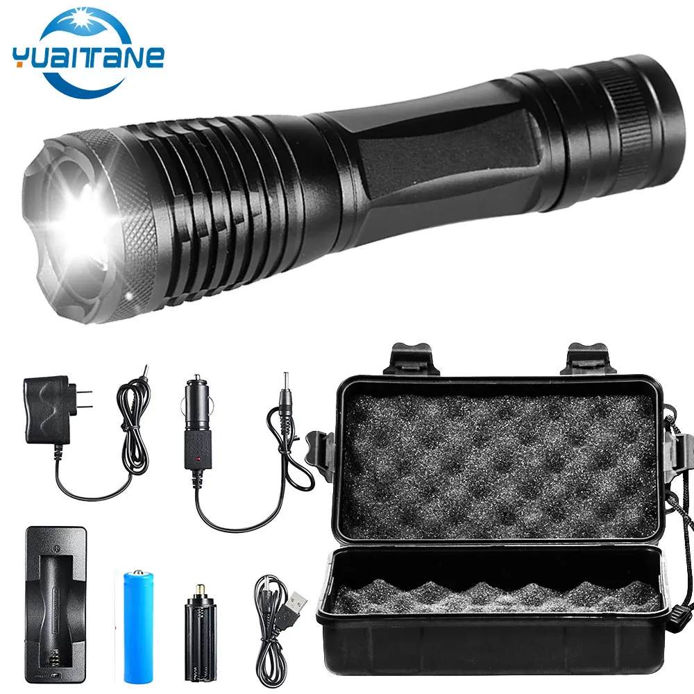 Goedkoop LED Tactische Zaklamp T6 L2 V6 10000 Lumen Porable Torch 5 Mode Instelbare Focus waterdichte IPX6 door 18650 batterij voor Camping