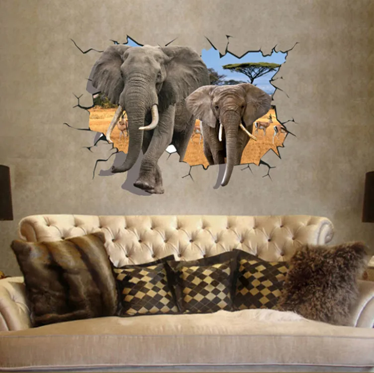 3D Elephant Break Through Wall Stickers Decals Removable Decor DIY