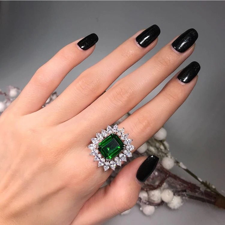 Роскошные 4.5ct Изумрудный коктейльное кольцо 100% реальные 925 пробы серебряные