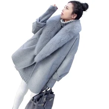 Осенняя и зимняя женская Новая Европейская и американская мода свободный шерстяной кардиган большой меховой воротник размера плюс пальто AL180823