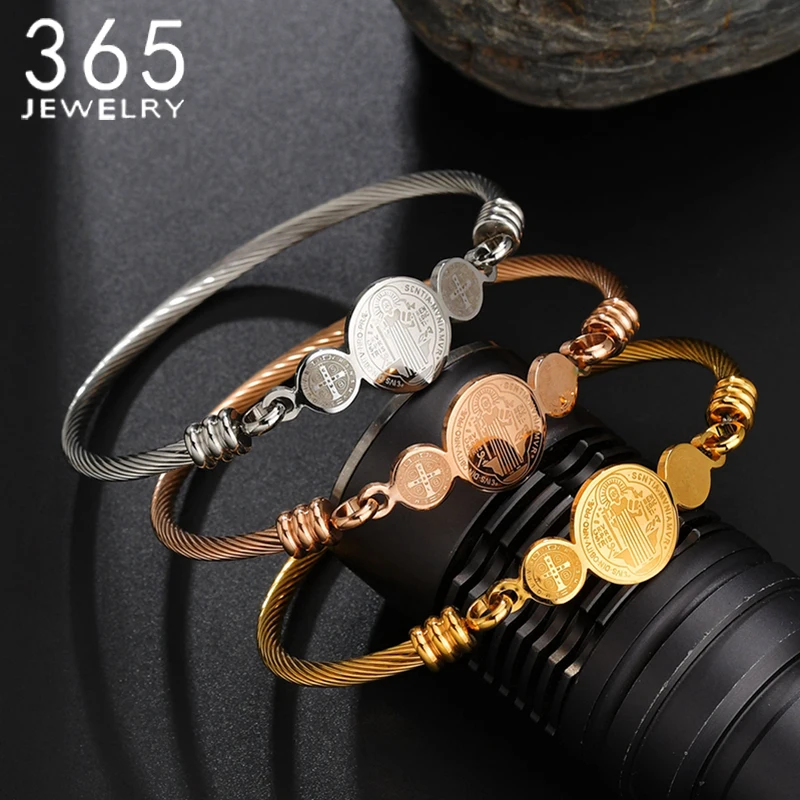 

Religion Catholicism San Benito Rosary Bracelet Women Stainless steel Open Cuff Bracelet Christian Jewelry Gift