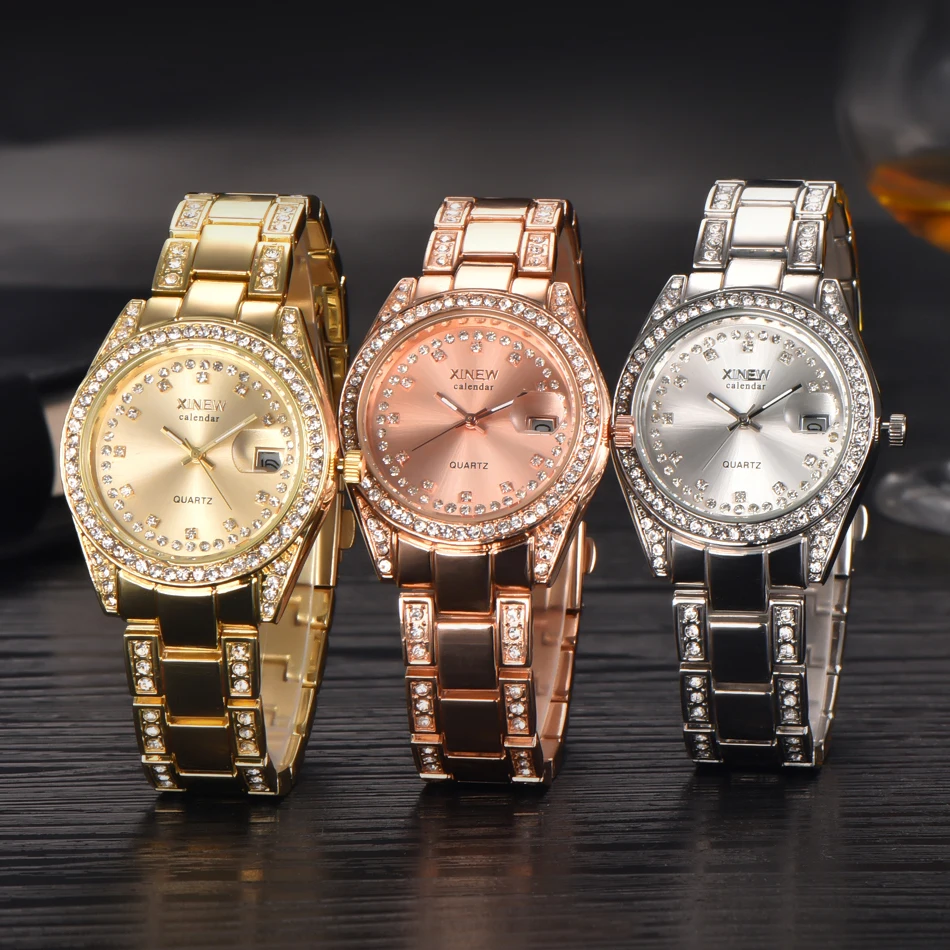 Top Brand XINEW Gold Luxury Women Dress Watch Rhinestone Quartz Watches ...