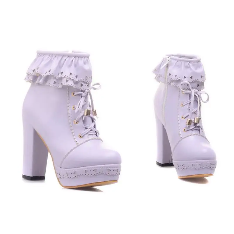 TAOFFEN/размеры 34-48; 6 цветов; женские ботинки на высоком каблуке; женская обувь ярких цветов на платформе с молнией и оборками; Милая модная женская обувь