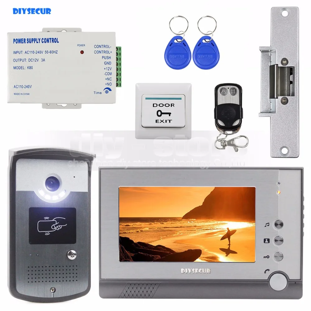 

DIYSECUR Strike Lock 7 inch TFT Color Video Door Phone Visual Intercom Doorbell ID Unlocking RFID LED Night Vision Camera
