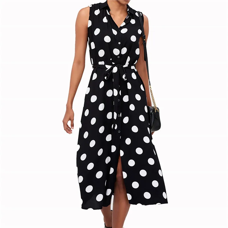 

Office Ladies Dresses Turn Down Collar Sashes Beach Dress Vestido New Arrivals Chiffon Summer Dress Elegant Dot Print Sleeveless
