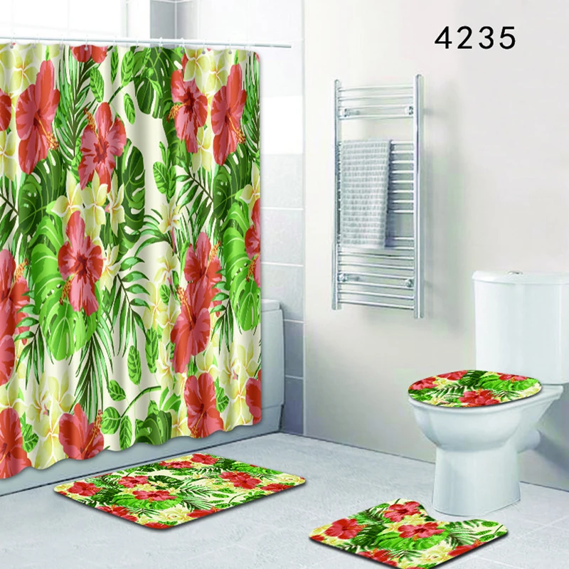

HomeMiYN 2018 Bath Mat Green Leaves Red Flower Shower Curtain 12 Hooks Waterproof Bath Mat Rug Anti Slip 4 Pieces Bathroom Pads