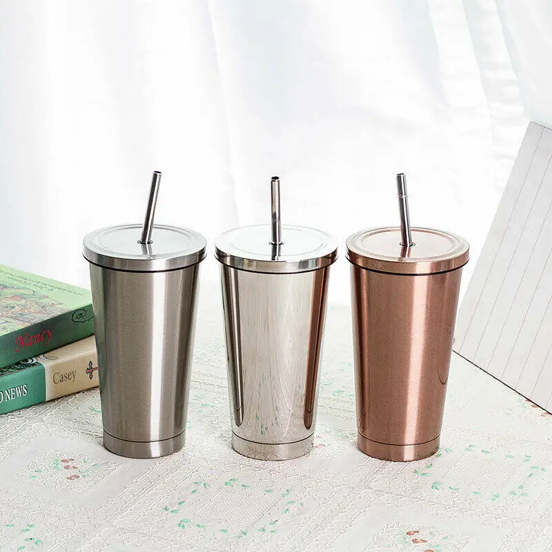 

17oz/500ml Stainless Steel Insulated Vacuum Travel Tea Coffee Cup Flask Bottle Portable Tumbler Coffee Mug With Drinking Straw