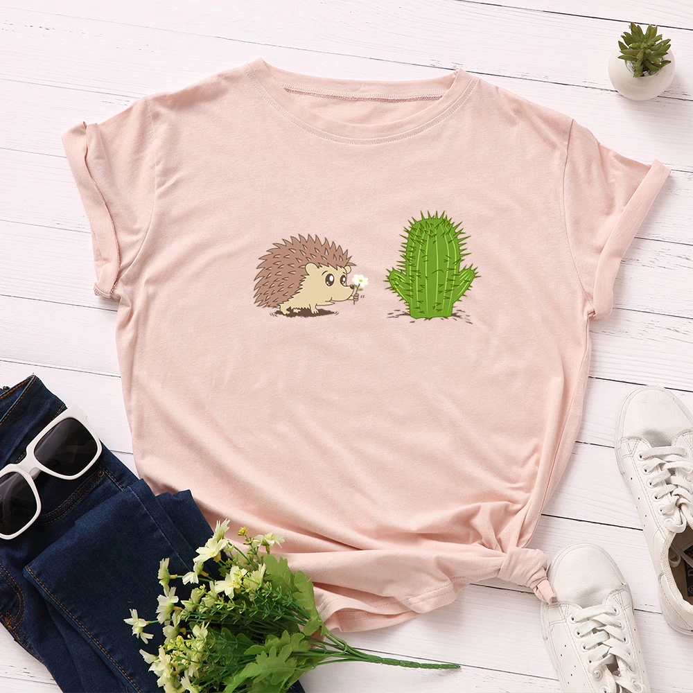 Женская футболка размера плюс, хлопок, футболка с принтом Ежика кактуса, топы с коротким рукавом, Повседневная футболка с графическим принтом, женская одежда