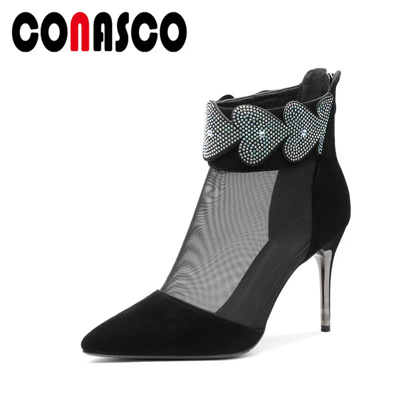 

CONASCO New Fashion Sexy Zipper Women Ankle Boots 2019 Classic Pointed Toe Supper High Heels Mesh Shoes Woman Summer Party Shoes