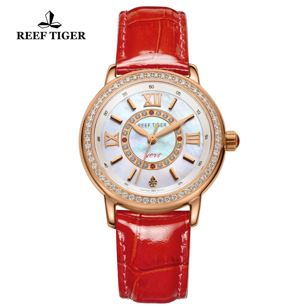 Reef Tiger/RT Top Brand Luxury Watches Women Red Leather Strap Waterproof Quartz Watch Ladies Clock Gift for Wife RGA1563
