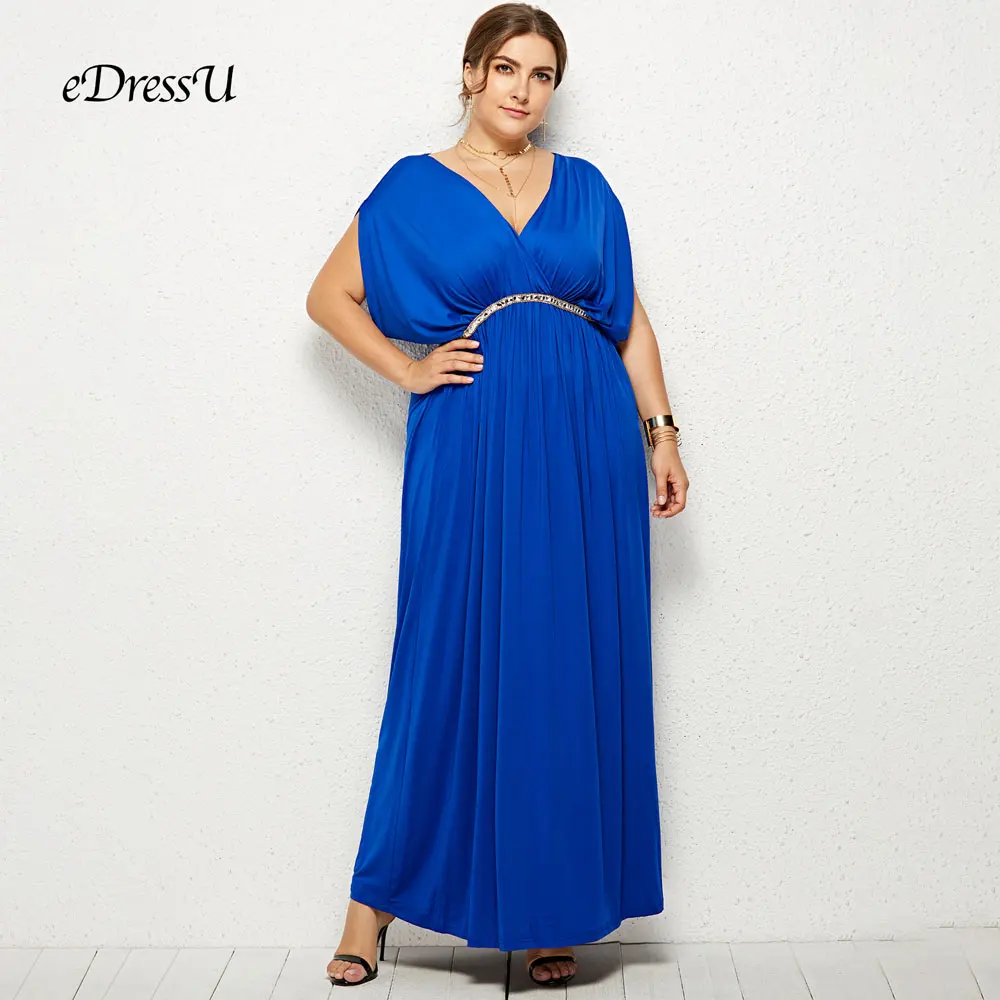 

5 Colors Plus Size Women Evening Party Dress Royal Blue Beading Pleated Floor Length Elegant Maxi Dress eDressU LMT-FP3112