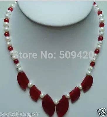 

Free Shipping WholesaleReal White Pearl Red Jade Leaf Pendant 18KWGP Clasp Necklace