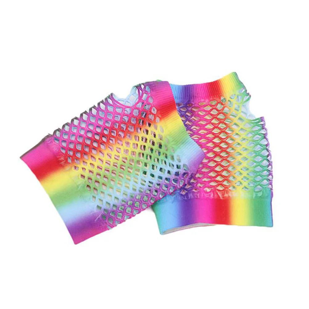Панк готический женский танцевальный костюм в стиле диско кружевные сетчатые перчатки без пальцев женские черные Guantes mujer дешево оптом - Цвет: rainbow color
