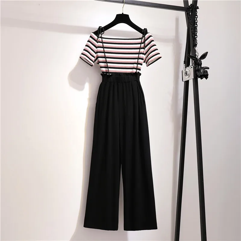 Wide leg pants suit female 2019 Slash Neck striped shirt women + ice silk drape wide leg pants two Piece sets