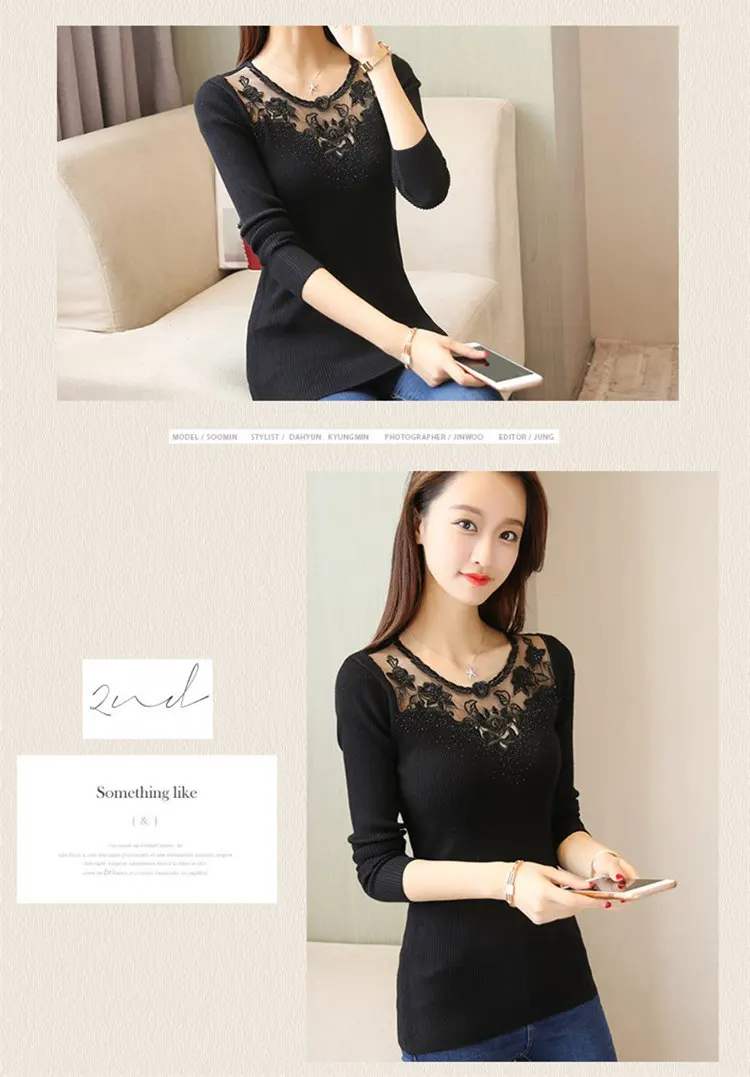 Personality Diamonds Sweater Women Sexy Lace Mesh Patchwrok Sweater Autumn Casual O-neck Knitted Sweaters And Pullovers 2019 (5)