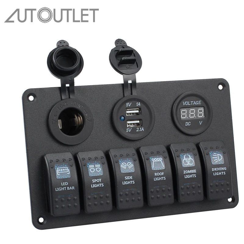 

AUTOUTLET 12V 24V 6 Gang LED Rocker Switch Panel Circuit Breakers Charger LED Rocker Switch Panel Circuit Break for Boat Marine