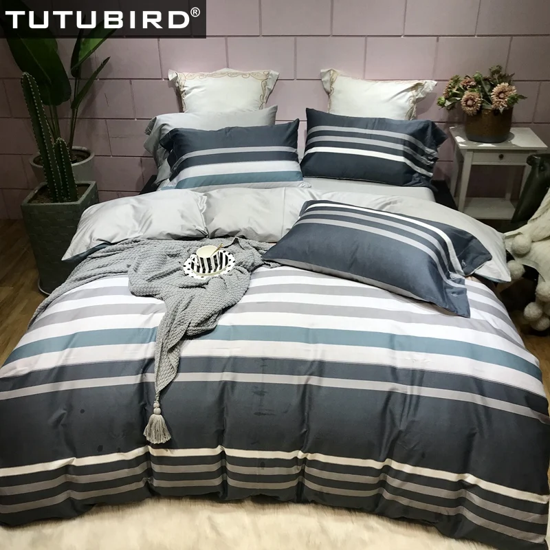 

Luxury Egyptian cotton bedding set gray white striped bedlinen pure soft sheets Satin duvet cover pastoral princess bedspread