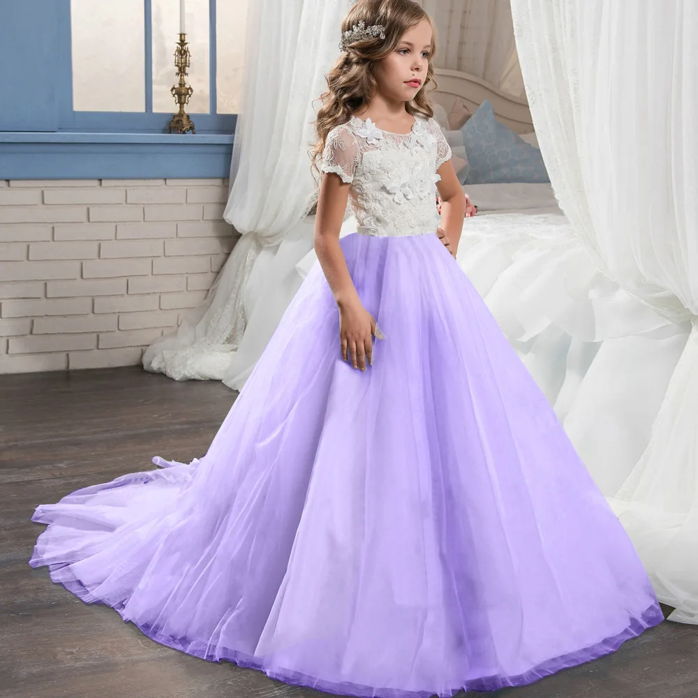 Красивые очаровательные кружевные платья с цветочным узором для девочек на свадьбу, Новое поступление года, бальное платье с круглым вырезом и короткими рукавами для причастия - Цвет: Purple