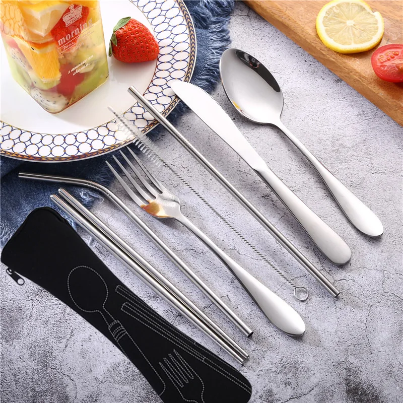 

Knife Fork Spoon and Straw Tableware Set Portable Stainless Steel Cutlery Set with Cloth Pack Kitchen Dinnerware Tableware Kit
