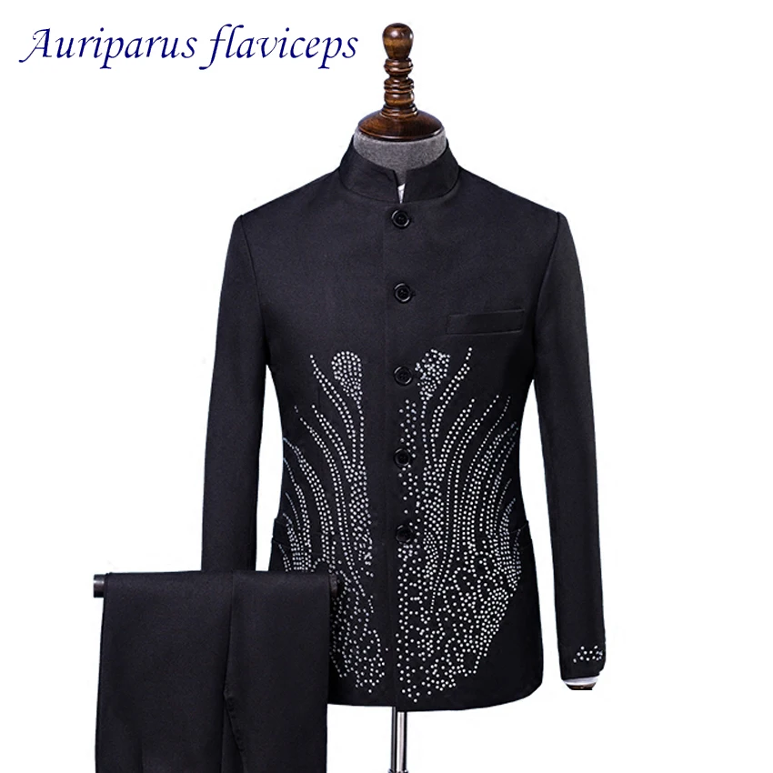 

Auriparus flaviceps Crystal Decoration Host Suit Stand Collar Costumes Groom Tuxedos Performance Man Suits Stage Costumes