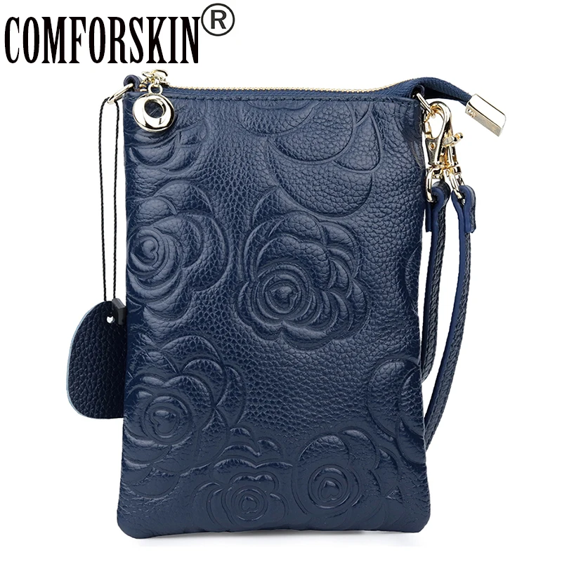 

COMFORSKIN Cowhide Embossing Flower Women Day Clutches New Arrivals Bag Female Genuine Leather Messenger Bags Lady's Mobile Bags