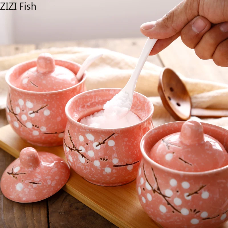 

illustration Hand Painted Ceramics Spice jar set 3 piece setJapanese-style Kitchen Storage Seasoning tool With lid and spoon