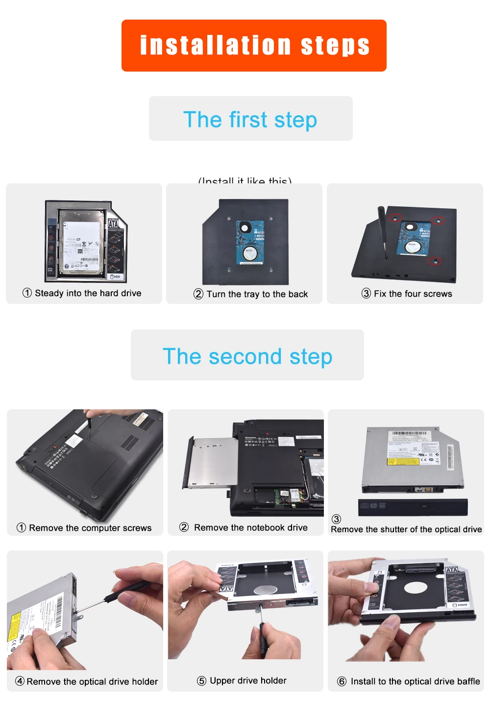 TISHRIC пластик алюминий универсальный Optibay 2nd HDD Caddy 9,5 мм SATA3.0 2," SSD CD DVD для HDD чехол Корпус CD-ROM ODD