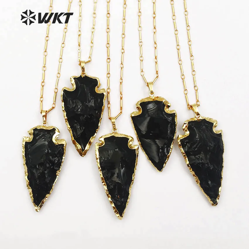 

WT-N1113 Bohemia Style 2 Inch On Black Obsidian Arrowhead Pendant With Gold Dipped 18 Inch Dainty Necklace Gift For Female