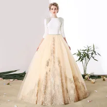 Бальные платья цвета шампанского с длинным рукавом Тюль Кружева Аппликации Жемчуг сладкий 16 платье для женщин с длинным шлейфом выпускного вечера Vestidos De 15