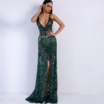 

High Quality Fashion Women Sequin Dress 2018 Summer New Sexy V Neck Spaghetti Strap Slim Split Maxi Evening Party Dress Vestidos